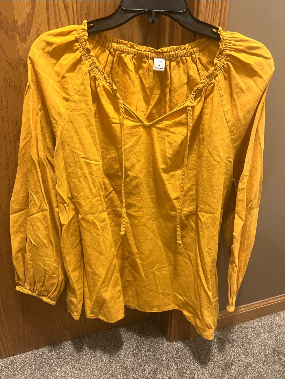 Old Navy Mustard Yellow Peasant Blouse with Tie Neck